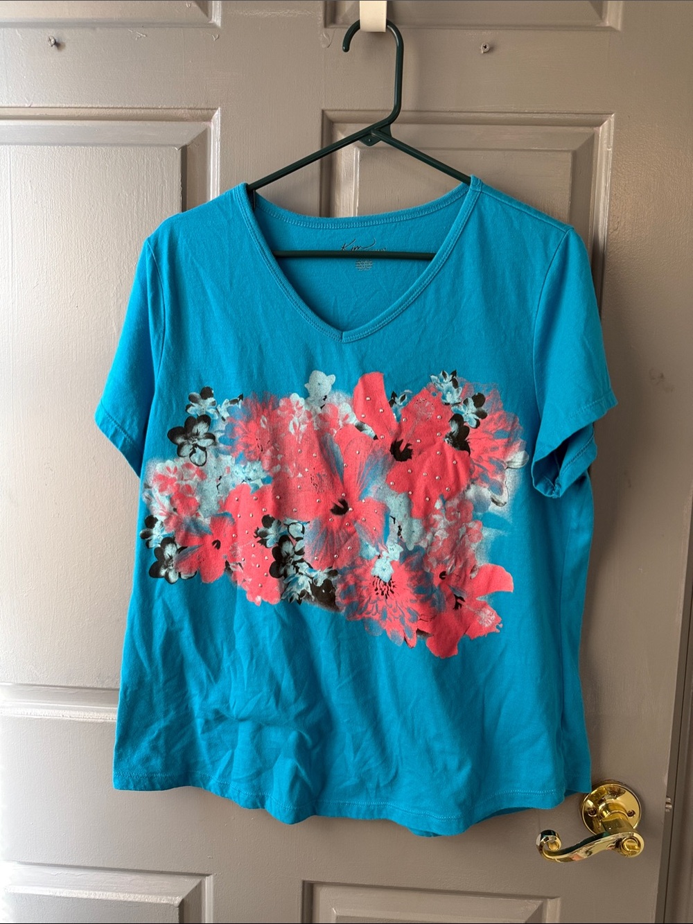 Kim Rogers Turquoise V-Neck Tee with Coral Floral Print